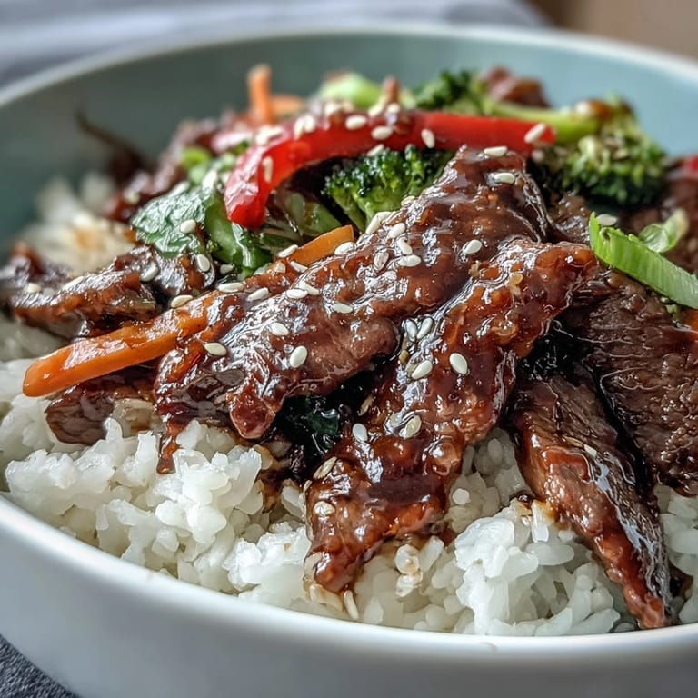 Glazed beef strips and crisp veggies in a savory-sweet teriyaki sauce garnished with sesame seeds.