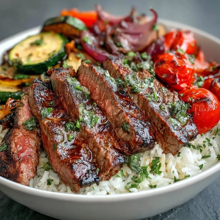 Steam rises from the savory mix of tender steak, crisp-tender veggies, and seasoned rice in this easy sheet pan steak and veggie bowl, highlighting a colorful and satisfying gluten-free meal.