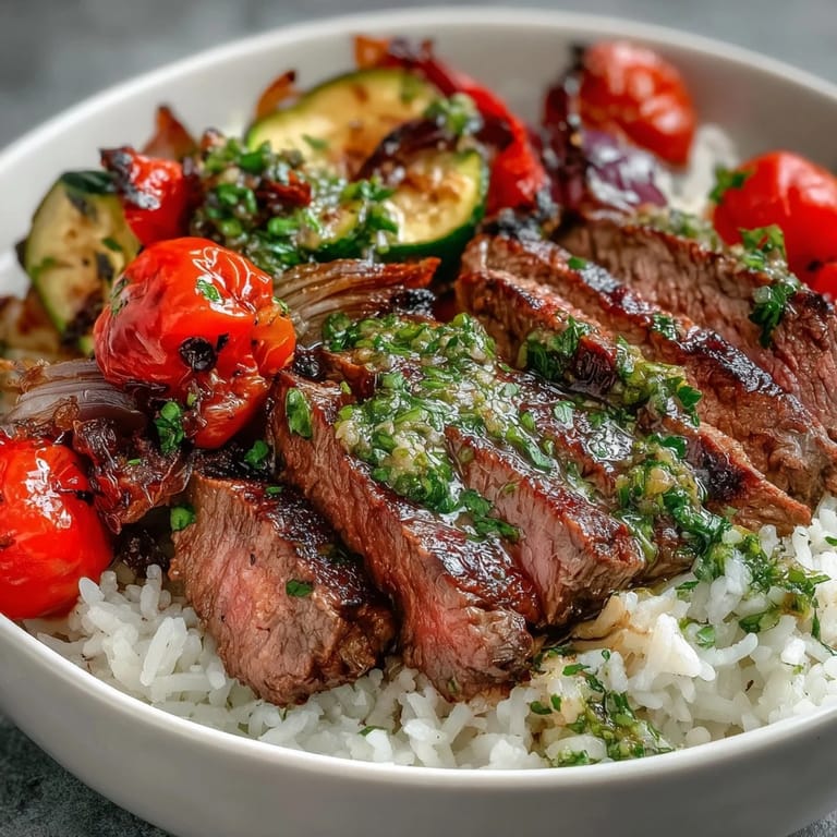 In a rustic bowl, the Grilled Steak Bowl showcases sliced steak, roasted cherry tomatoes, and zucchini over rice, ready for a satisfying meal.