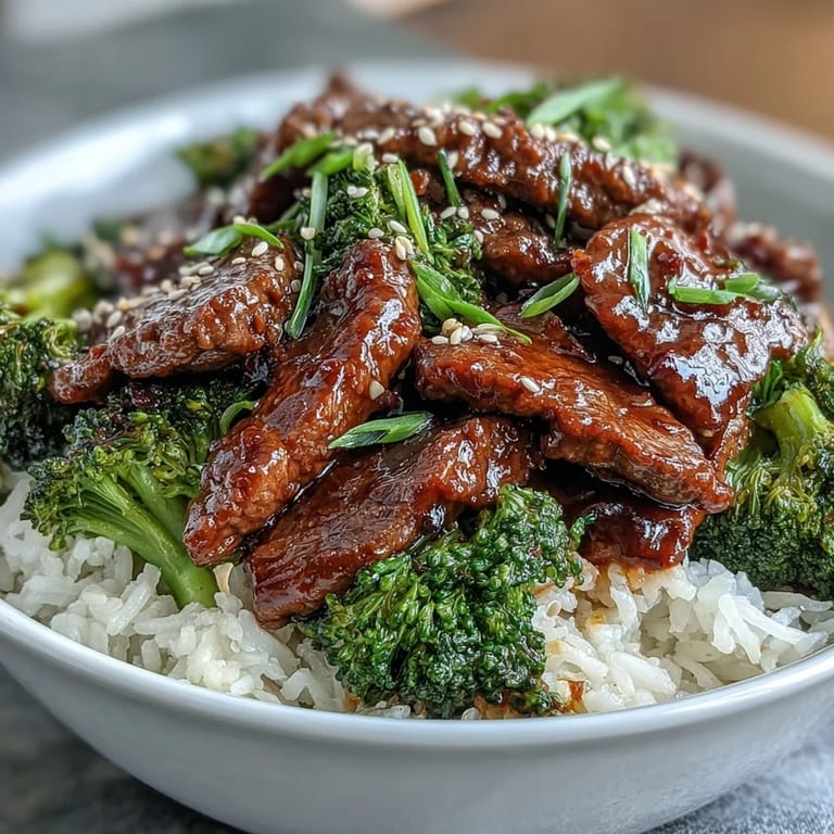 A close-up of the Beef and Broccoli Bowl shows saucy beef and bright green broccoli crowns over fluffy rice, garnished with scallions.