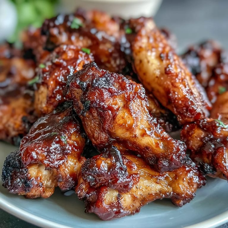 Close-up of golden-brown Guava BBQ Glazed Chicken wings dripping with sticky glaze, perfect for game day appetizers.