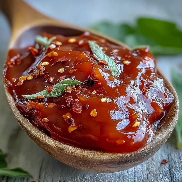A spoon dips into sweet and tangy Guava BBQ Sauce, served alongside grilled tofu and pineapple slices.