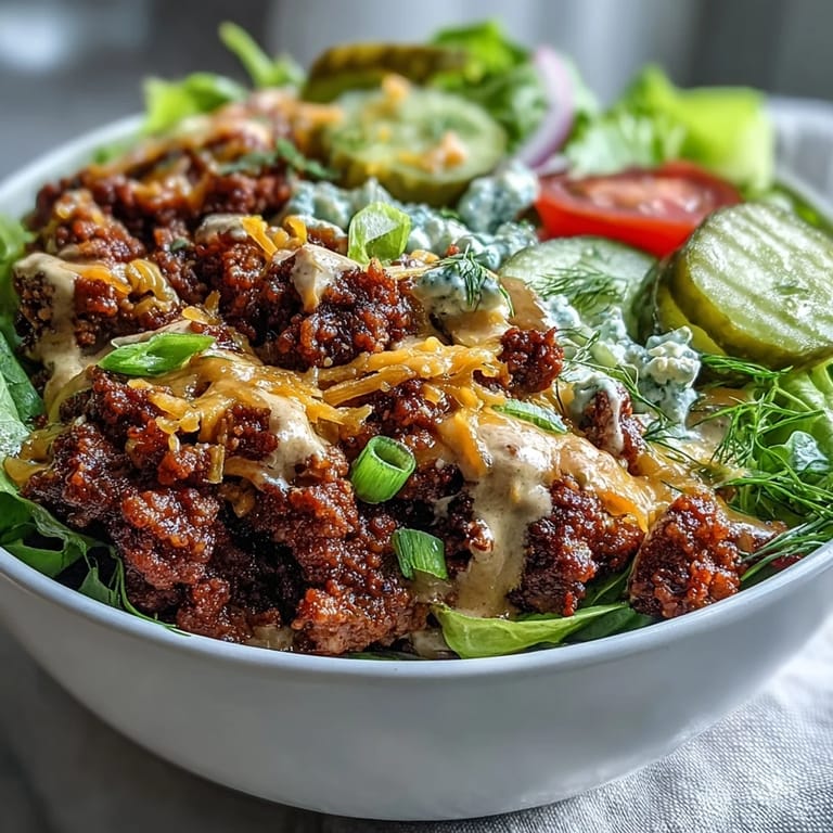 A wholesome High-Protein Cheeseburger Bowl packed with savory ground beef, shredded cheese, and colorful veggies for a satisfying meal.