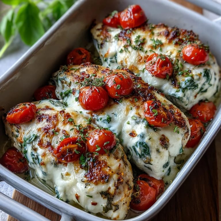A close-up of creamy Greek yogurt mixture bubbling over juicy chicken breasts, with halved cherry tomatoes nestled into the spinach and cheese topping.