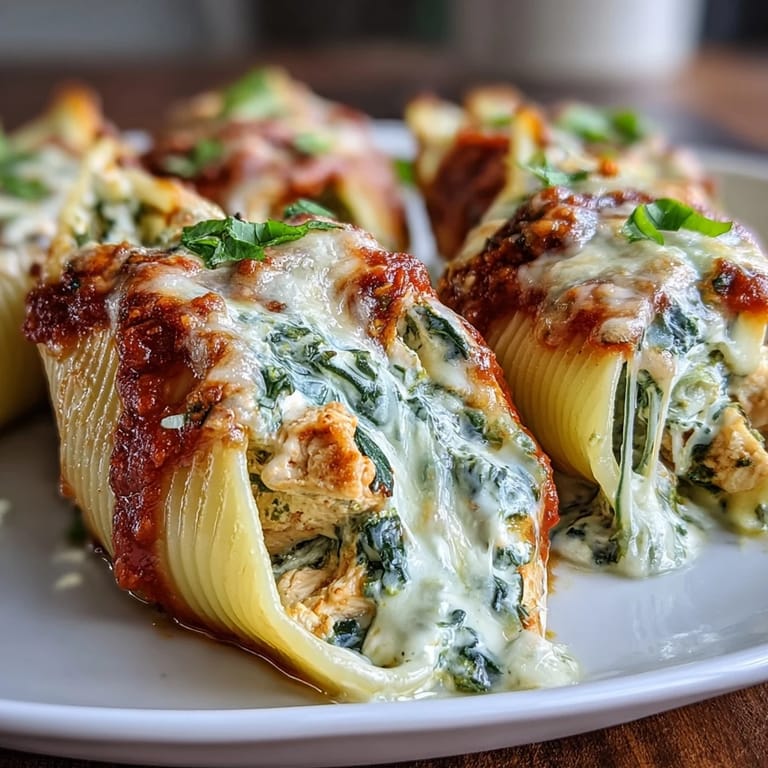 Golden baked Pesto Chicken Stuffed Shells Lite served hot, perfect with a crisp green salad for dinner.