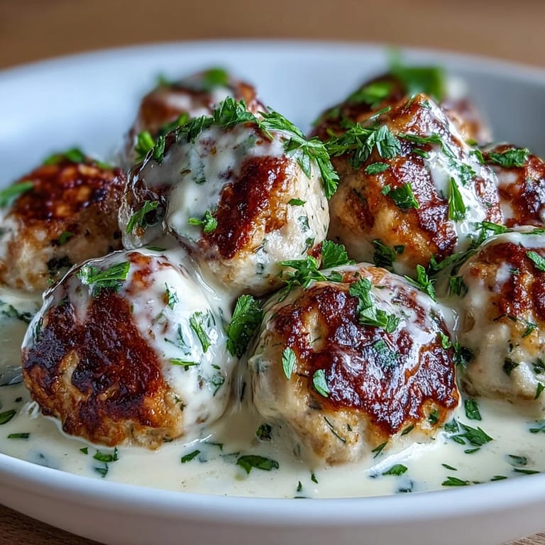 Tender baked turkey meatballs coated in a rich, garlicky ranch cream sauce, ready to serve.