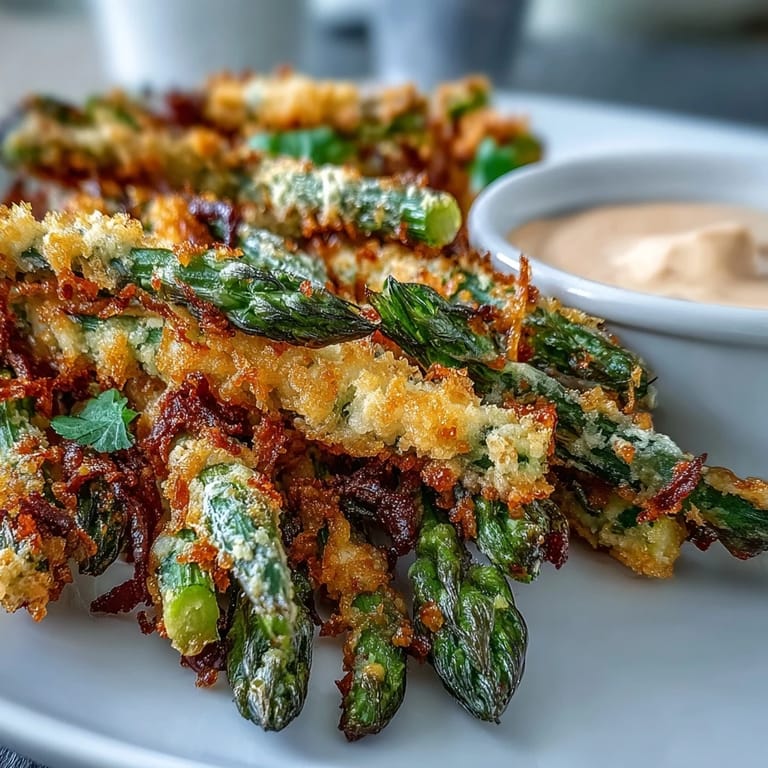 Panko-crusted Crispy Chili-Garlic Asparagus Fries fresh from the oven, garnished with herbs and a creamy sriracha mayo dipping sauce.