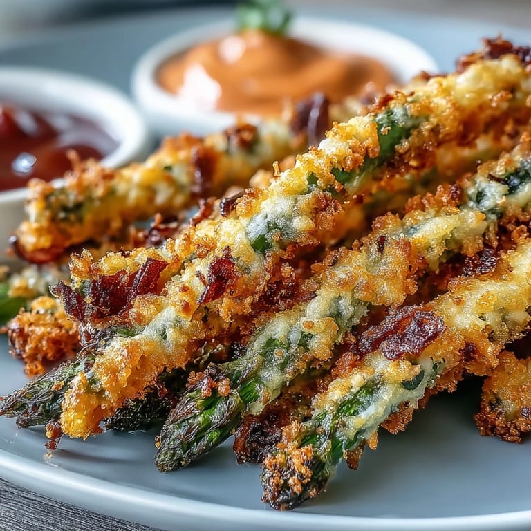 Oven-baked Crispy Chili-Garlic Asparagus Fries served hot and golden with a zesty dipping sauce.