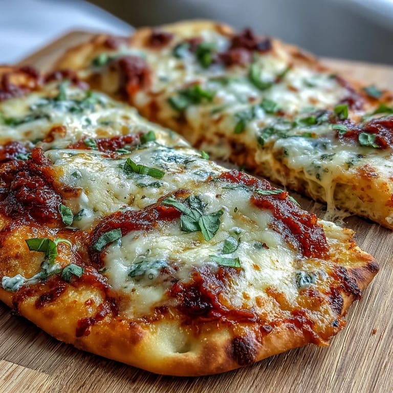 Freshly baked Garlic Naan Margherita Pizza cut into slices, revealing gooey mozzarella and marinara on garlicky, golden-brown naan bread.