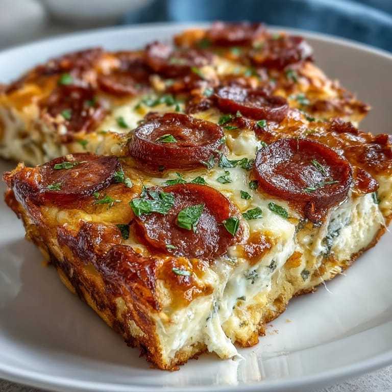 Served hot, the High-Protein Pizza Breakfast Casserole features golden cheese, turkey pepperoni, and fluffy eggs on a pita-like yogurt base.
