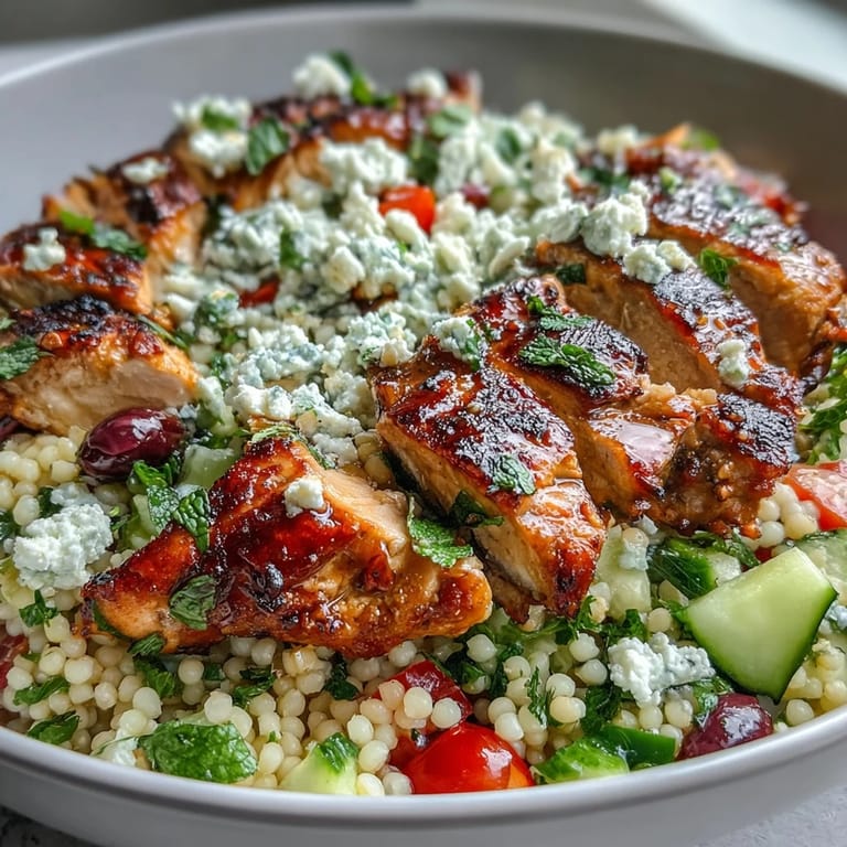 A vibrant Mediterranean Pearl Couscous Chicken Bowl features herby couscous salad with fresh veggies and crumbled feta.