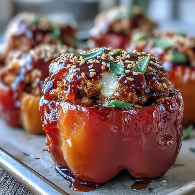 Korean-Style Turkey Stuffed Sweet Peppers filled with savory ground turkey and gochujang, served warm on a platter.