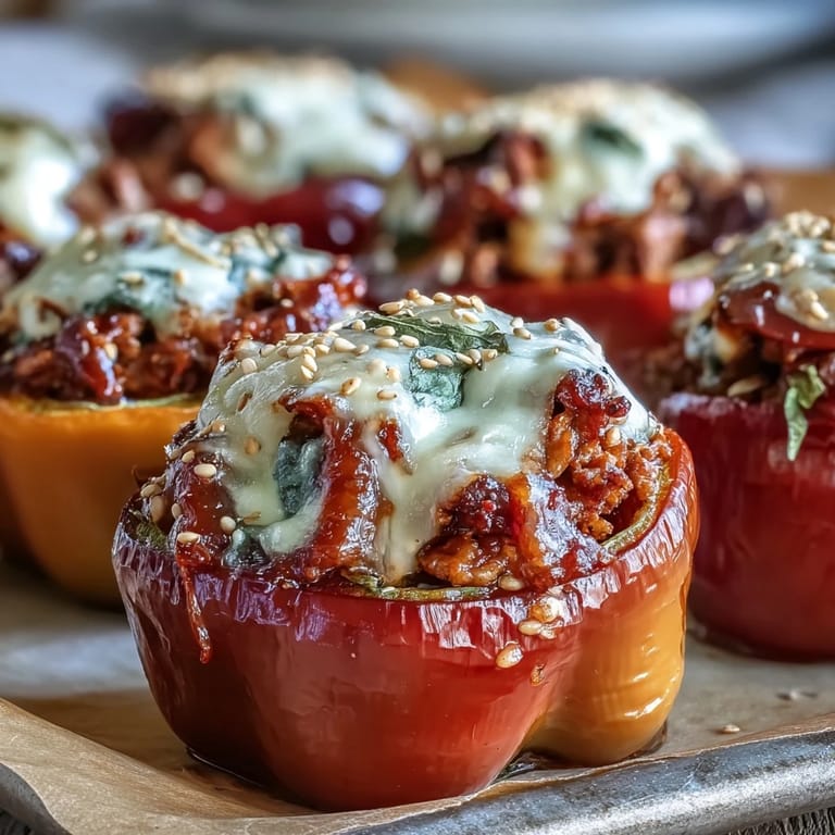 Sweet mini peppers stuffed with Korean-Style Turkey Stuffed Sweet Peppers, garnished with sesame seeds and fresh green onions.