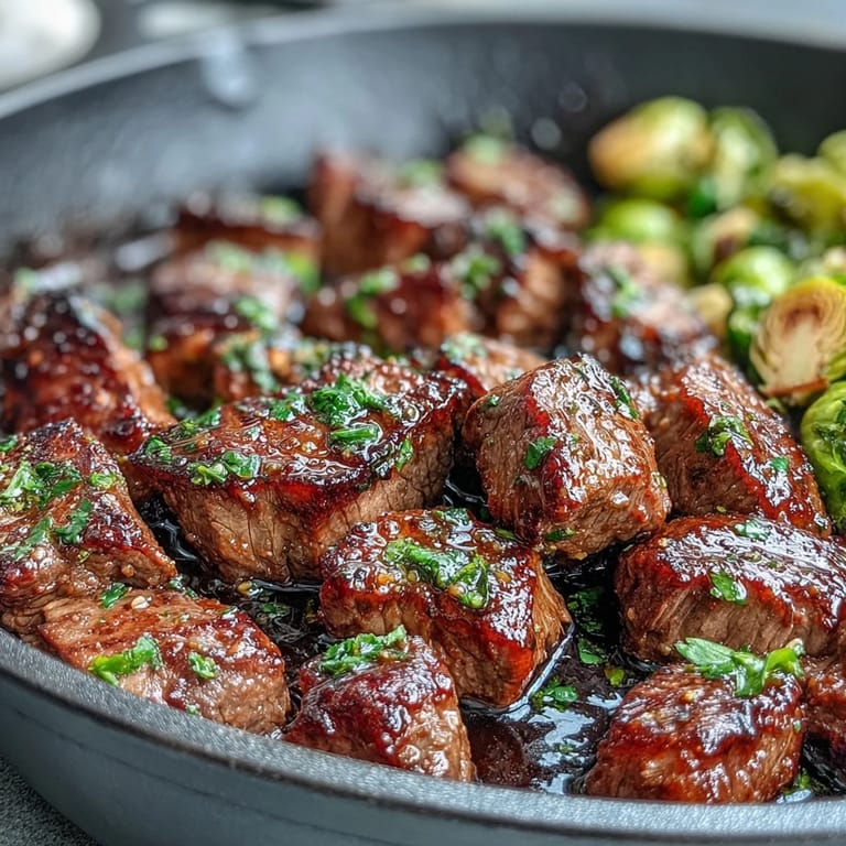 Savory Keto Lemon Garlic Butter Steak Bites topped with herbs, served on a fork with charred roasted Brussels sprouts and a drizzle of sauce.