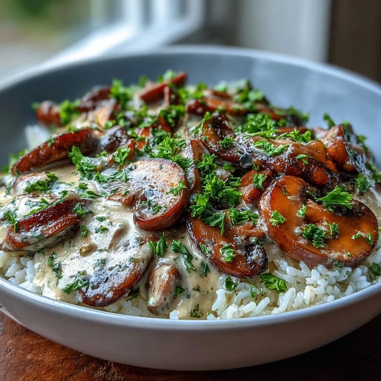 Comforting Vegan Mushroom Stroganoff over Brown Rice topped with fresh herbs, ready to enjoy on a wooden table.