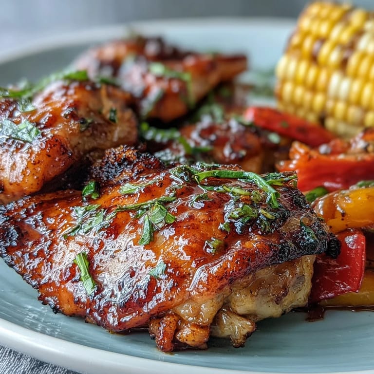 Colorful Sheet Pan BBQ Chicken with Corn on the Cob and Peppers served hot from the oven, garnished with fresh parsley and onions.