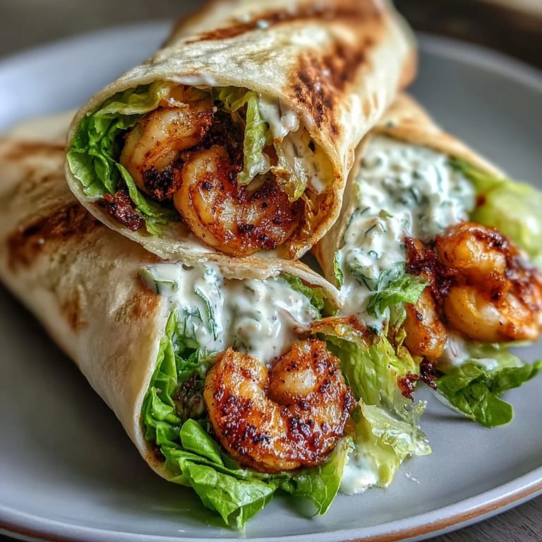 Grilled shrimp Caesar wraps stuffed with romaine, Parmesan, and optional tomatoes and croutons on a plate.