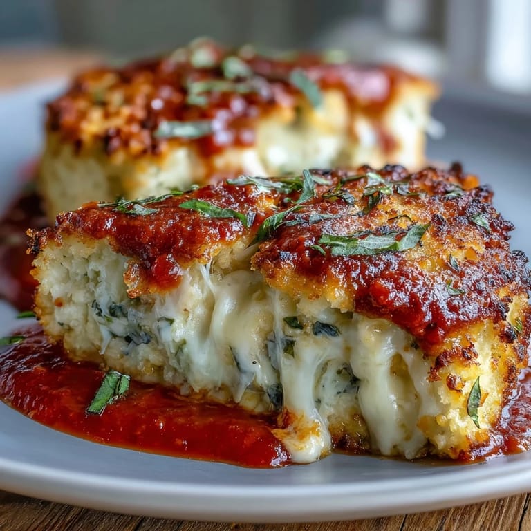 Ooey-gooey sugar-free marinara and melted mozzarella top this Keto Baked Chicken Parmesan, garnished with fresh basil.