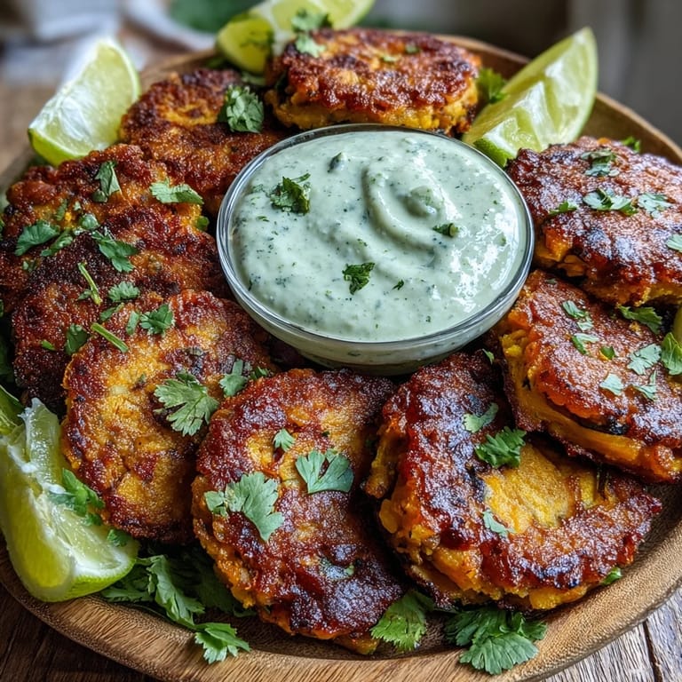 Freshly fried Crispy Sweet Potato & Red Lentil Patties stacked high, topped with a dollop of creamy avocado cilantro dip.