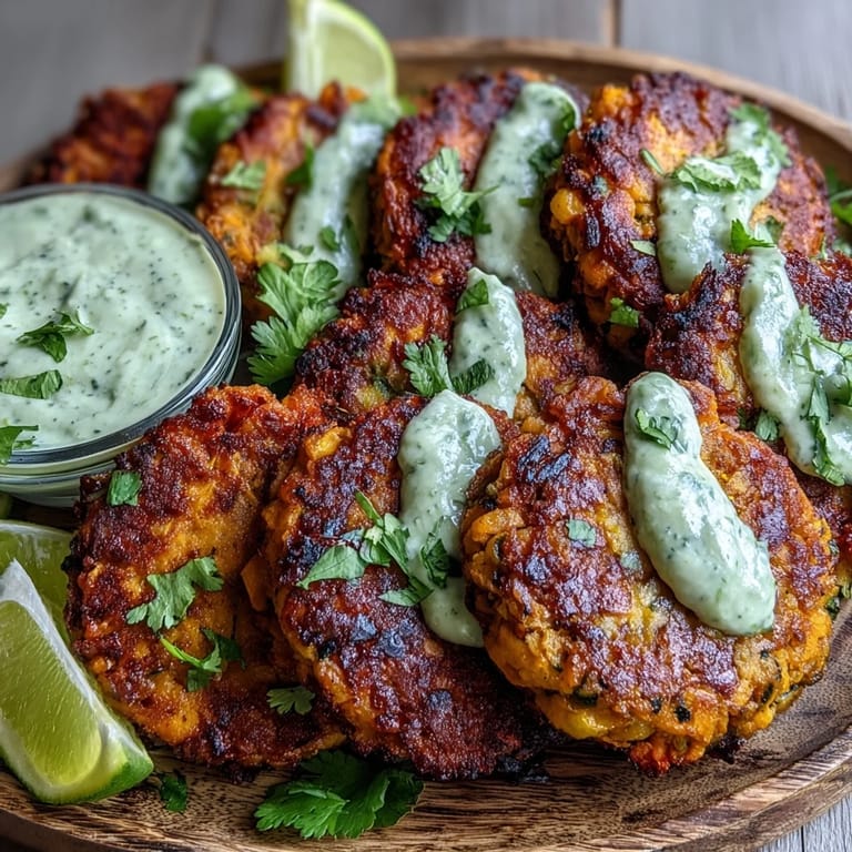 Golden Crispy Sweet Potato & Red Lentil Patties arranged on a rustic plate with a drizzle of green avocado sauce.