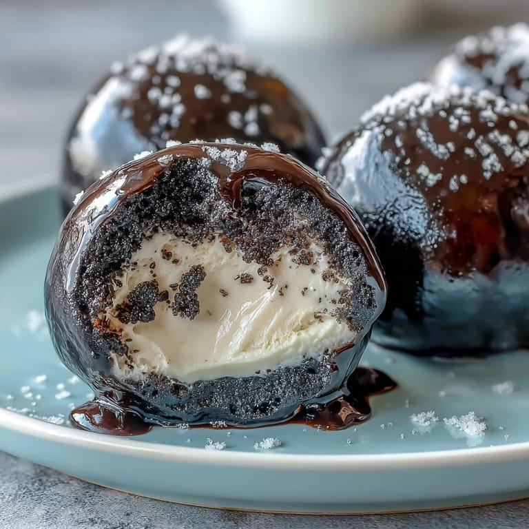 2. A plate of freshly made black sesame mochi ice cream, showcasing the soft, stretchy mochi exterior and rich, dark sesame ice cream filling.  