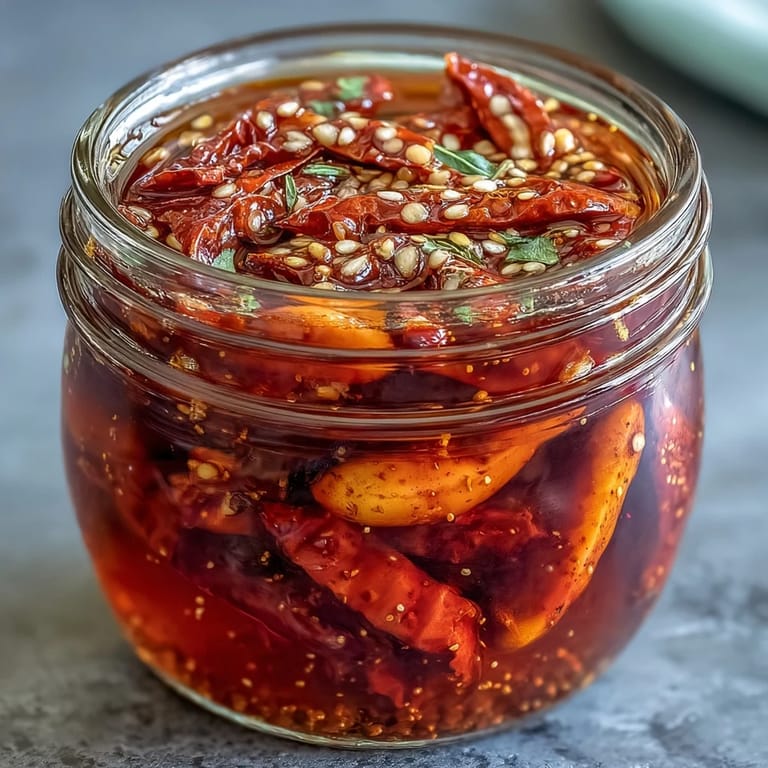 Drizzled Calabrian chili oil glistening over a rustic slice of crusty bread, infused with aromatic herbs.  