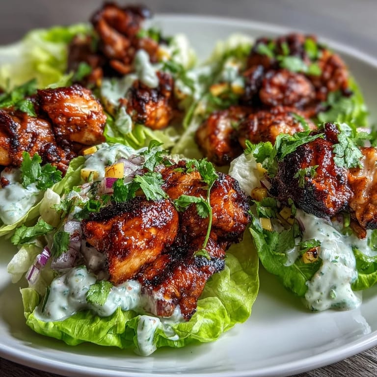 Colorful jerk chicken lettuce wraps topped with vibrant mango salsa, red bell pepper, and jalapeño, drizzled with tangy coconut crema for a tropical twist.  