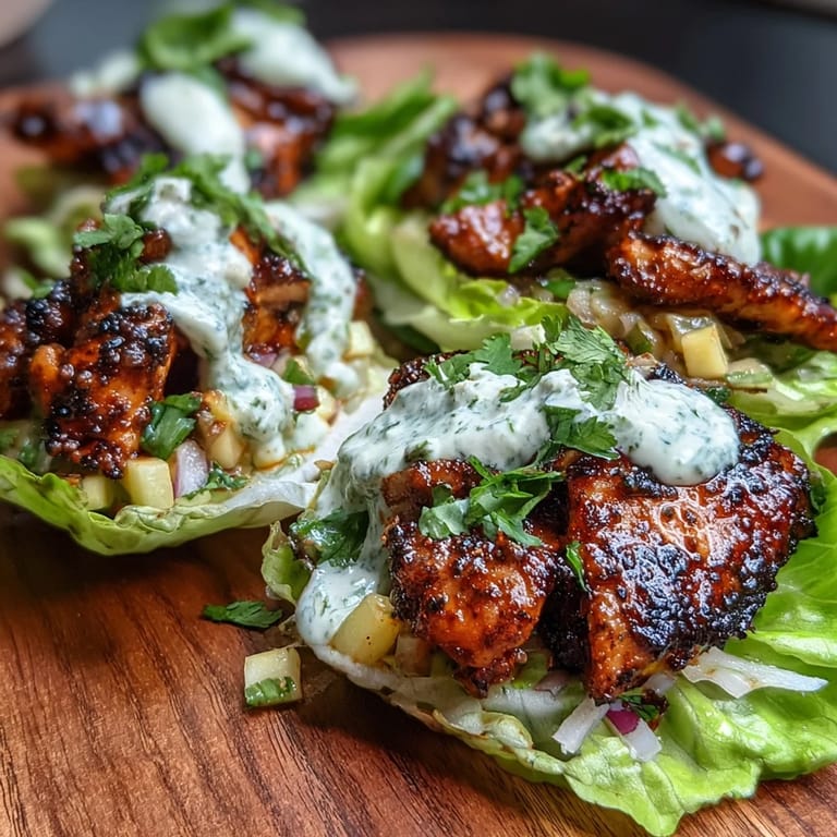Spicy jerk-seasoned chicken nestled in fresh lettuce cups, garnished with zesty mango salsa and a drizzle of smooth coconut crema for a bright, flavorful dish.
