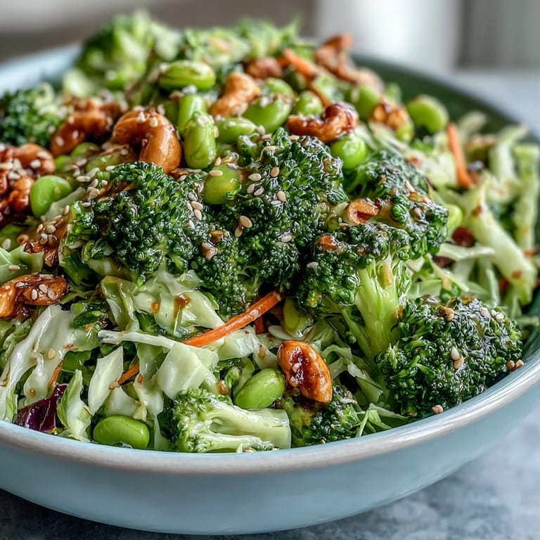 Colorful broccoli crunch salad loaded with crunchy cabbage, carrots, and edamame, tossed in a tangy sesame-ginger dressing for a refreshing side dish.
