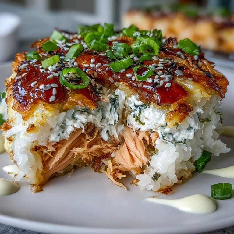 2. Baked deconstructed salmon sushi roll with imitation crab, cream cheese, and spicy mayo, garnished with furikake and green onions for a savory twist.  