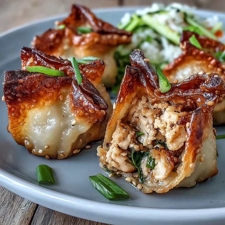 Golden-brown chicken and veggie dumpling bites wrapped in rice paper, served with a tangy dipping sauce for a gluten-free appetizer.  