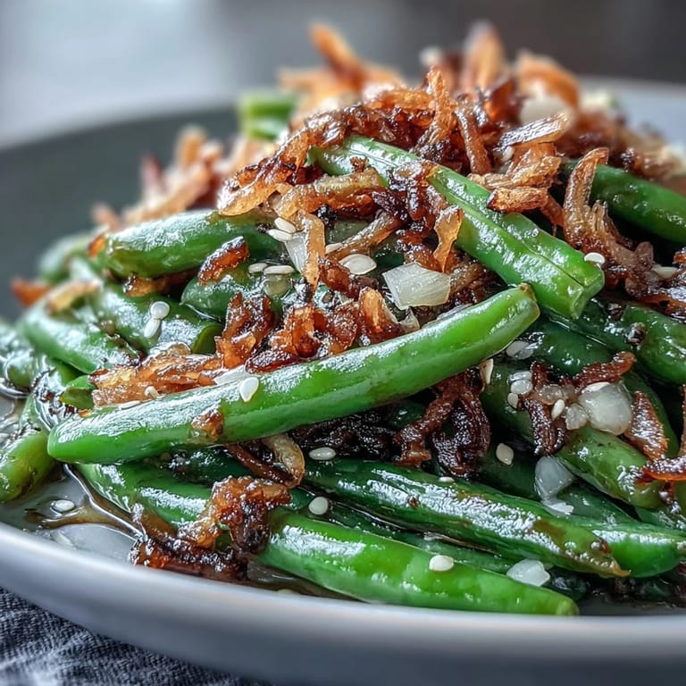 Crisp-tender green beans infused with garlic and sesame oil, garnished with crunchy fried onions for the perfect side dish.