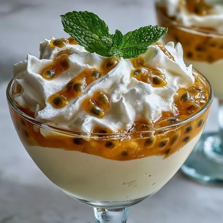 Luscious passionfruit mousse, light and tangy, topped with fresh pulp and mint for a refreshing tropical dessert.