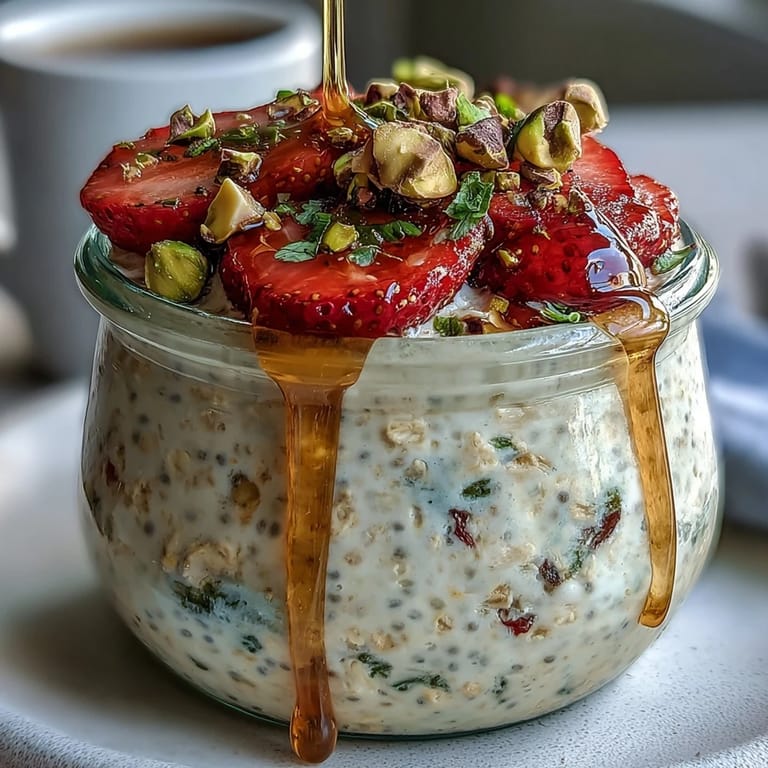 Strawberry and Pistachio Overnight Oats with Honey: Chilled overnight oats topped with fresh strawberry slices, chopped pistachios, and a delicate honey drizzle for a nourishing start.