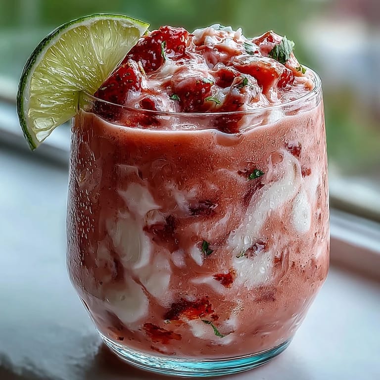 Creamy, alcohol-free strawberry coconut smoothie blending sweet frozen strawberries and ripe banana with coconut milk for a refreshing, vegan treat.