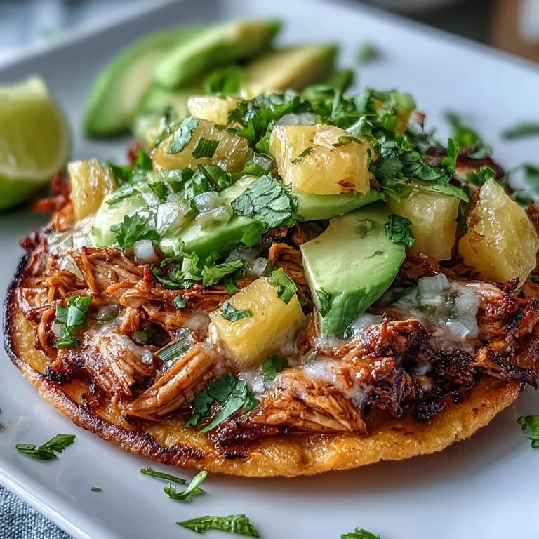 Golden tostadas layered with seasoned shredded chicken, bright pineapple salsa, and rich avocado for a colorful dinner.