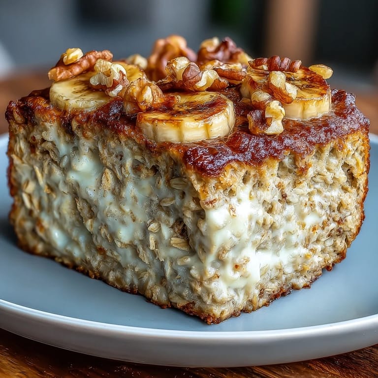 A close-up of moist, protein-packed banana bread baked oats with a sprinkle of cinnamon and a drizzle of maple syrup.