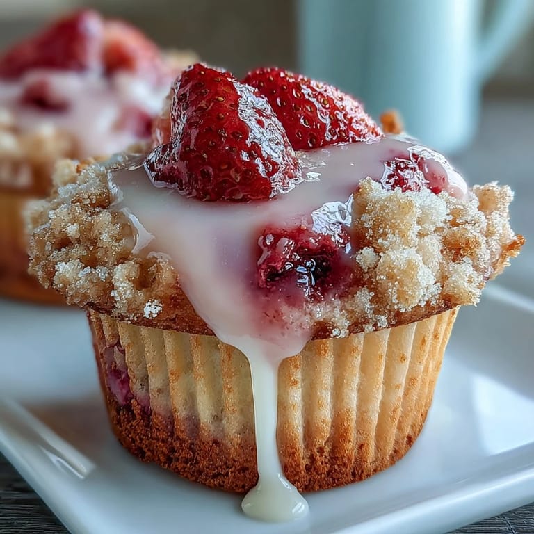 Fresh strawberry muffins with tangy lemon glaze, bursting with juicy berries and citrus aroma.
