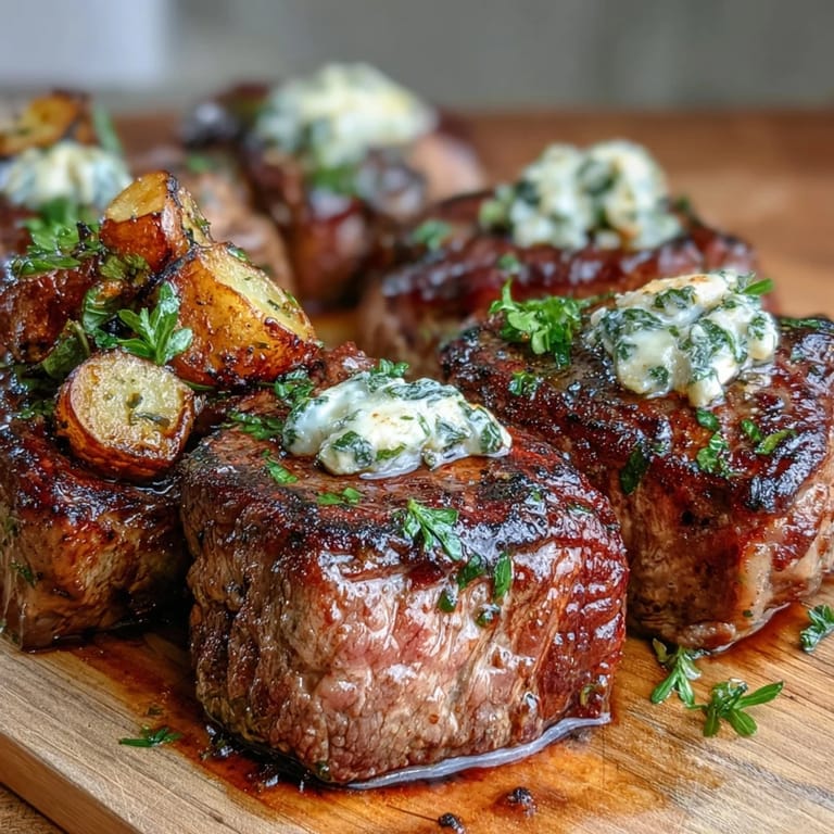 Rich garlic butter coats succulent steak bites and crispy potatoes, garnished with fresh parsley and lemon zest for a vibrant finish.