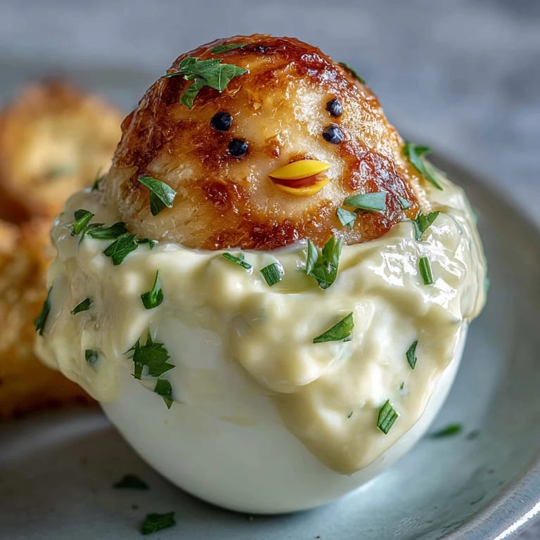 Fun deviled egg chicks featuring colorful carrot beaks and feet, a delightful Easter appetizer for kids and adults.
