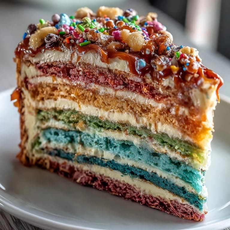 Colorful layered cake with hidden candy filling, sliced to reveal a burst of sweets—ideal for Cinco de Mayo parties.