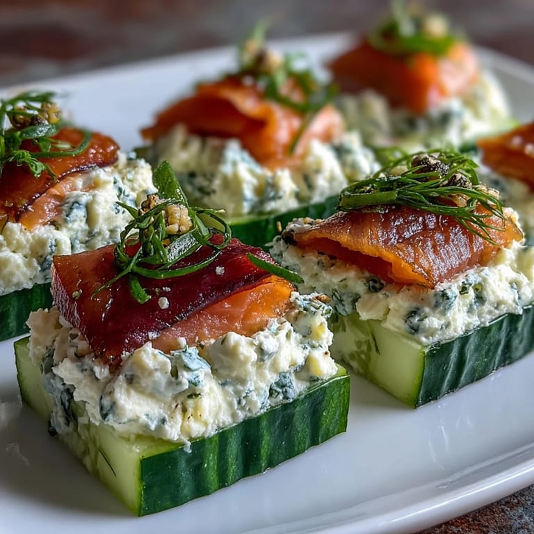 Elegant smoked salmon and cream cheese cucumber appetizers garnished with capers and chives, perfect for light, gluten-free entertaining.