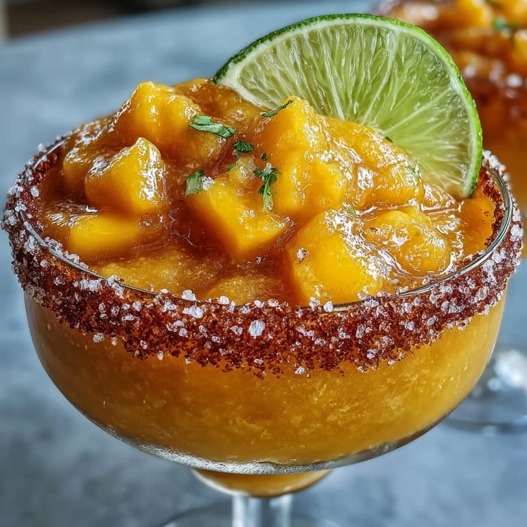 Creamy frozen mango mocktail with Tajín-rimmed glass and fresh citrus slices