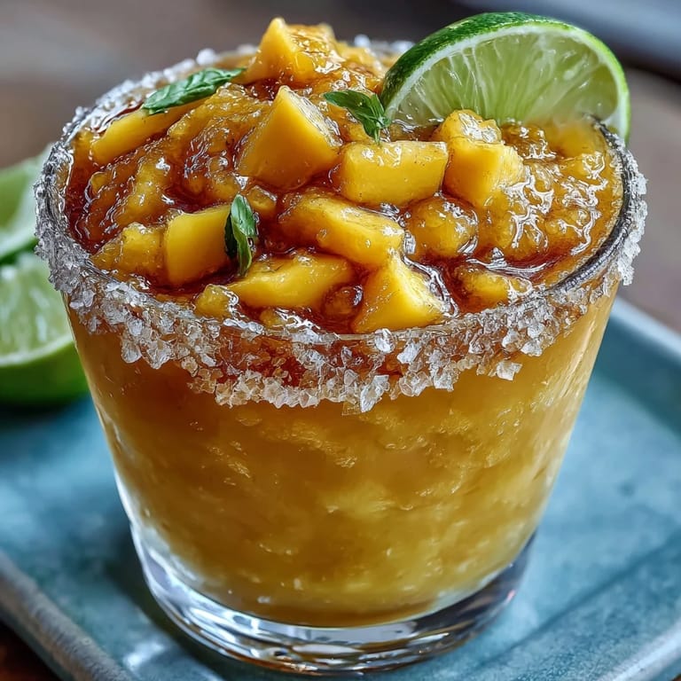 Slushy mango-lime mocktail garnished with lime wheel and tropical fruit on rim