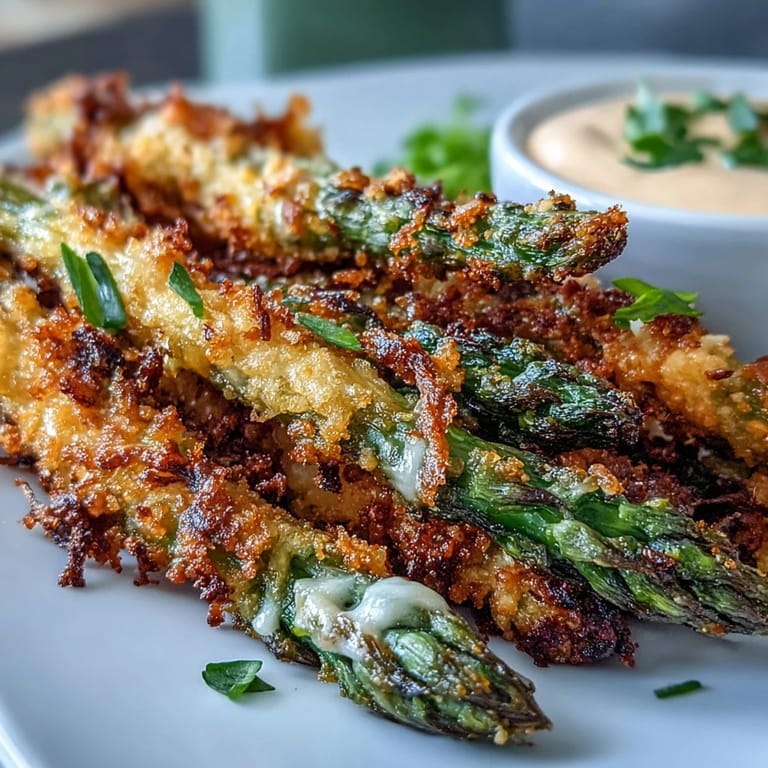 Golden Crispy Chili-Garlic Asparagus Fries arranged on a platter, baked until crunchy, with lemon wedges and fresh herbs for dipping.