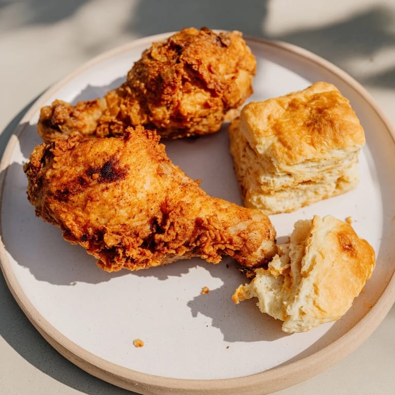 A close-up view of Southern Fried Chicken with flaky buttermilk biscuits, a Southern comfort food classic.