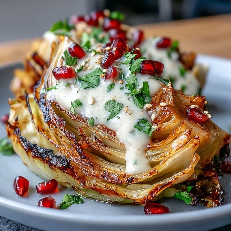 Charred cabbage wedges served with smooth tahini, crisp parsley, and sweet-tart pomegranate for a colorful, flavorful appetizer.