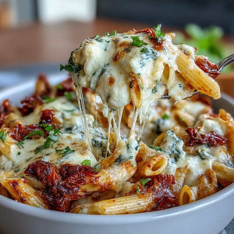 Sun-dried tomato pasta bake featuring creamy ricotta, fresh basil, and golden mozzarella topping for a comforting vegetarian meal.