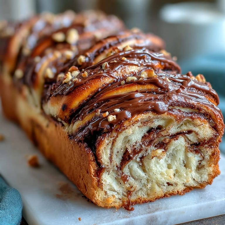 Warm Nutella Babka featuring soft, buttery layers twisted around gooey chocolate-hazelnut filling, perfect for breakfast or dessert.