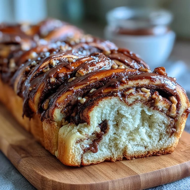 Homemade Nutella Babka loaf with irresistible chocolate-hazelnut ribbons, topped with a glossy sugar syrup glaze.